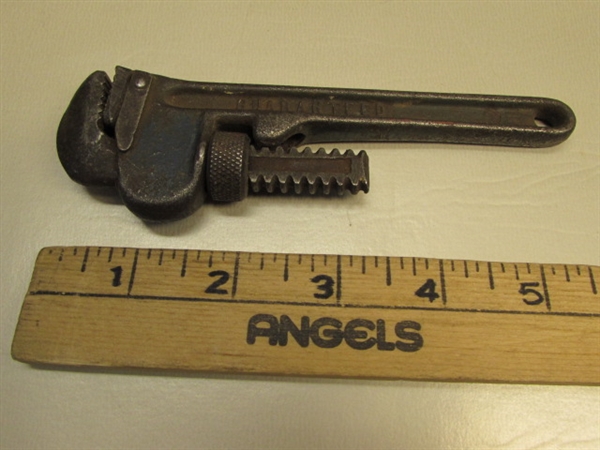 TINY TOOLS!  RARE PLANE, CRAFTSMAN PIPE WRENCH, B&C C-CLAMP,PULLEYS & ADJUSTABLE WRENCH.  ALL UNDER 6 LONG!
