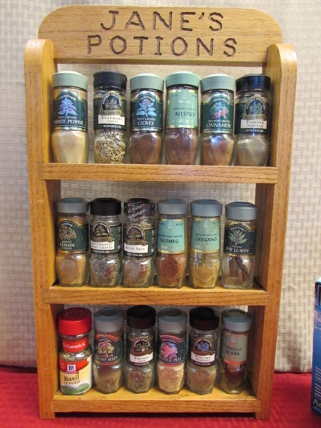 ALL WOOD SPICE RACK FULL OF SPICES PLUS MORE SPICES, BRITTA WATER PITCHER W/ FILTER, & FOOD STORAGE 