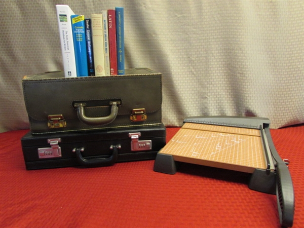 TWO NICE U.S. MADE BRIEFCASES, PAPER CUTTER & BOOKS TO FURTHER YOUR EDUCATION
