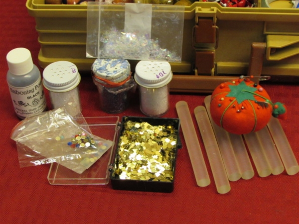 CRAFT BOX FULL OF SUPPLIES - BEADS, CLOTH FLOWERS & LEAVES, GLITTER, BELLS, 