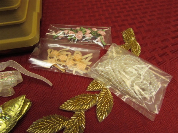 CRAFT BOX FULL OF SUPPLIES - BEADS, CLOTH FLOWERS & LEAVES, GLITTER, BELLS, 