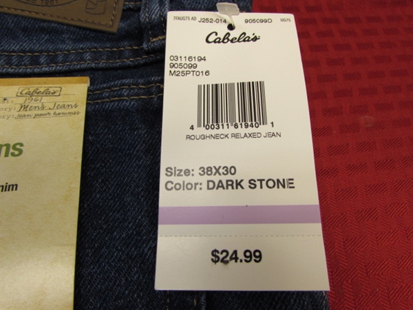 TWO PAIR OF CABELA'S ROUGHNECK RELAXED FIT MEN'S JEANS - TAGS STILL ATTACHED SIZE 38 X 30