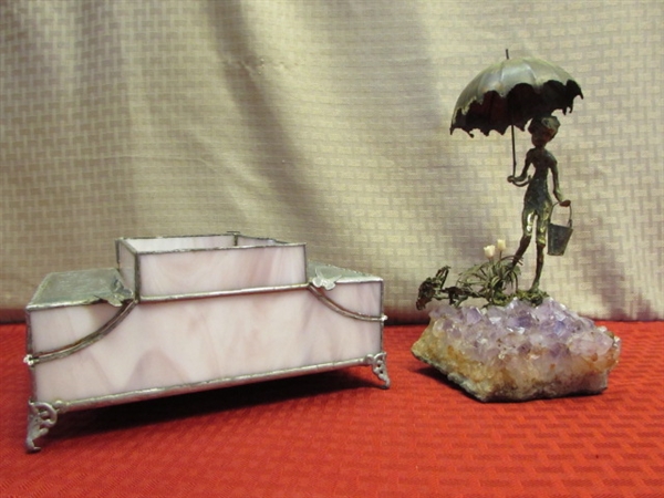 LOVELY LAVENDER!  GIRL WITH UMBRELLA BRASS SCULPTURE ON AMETHYST CRYSTAL & STAINED GLASS BOX