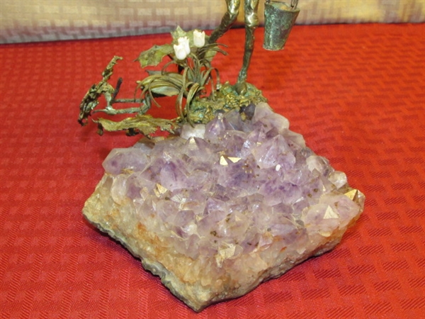 LOVELY LAVENDER!  GIRL WITH UMBRELLA BRASS SCULPTURE ON AMETHYST CRYSTAL & STAINED GLASS BOX