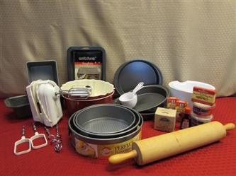 BAKING SUPPLIES - NEW 3 PIECE SPRINGFORM PAN SET, BUNDT & LOAF PANS, 9" ROUND PANS, ELECTRIC MIXER, BOWLS & MORE 