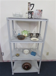 GREY PLASTIC SHELVING UNIT WITH NEW & VINTAGE TINS, SILVER ON COPPER CREAMER & SUGAR BOWL, BLOWN GLASS & MORE