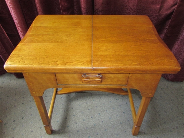 GORGEOUS SCANDINAVIAN STYLE SOLID MAPLE SEWING CABINET WITH NICE KENMORE SEWING MACHINE