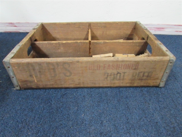 WONDERFUL ANTIQUE VINTAGE BREAKFAST TRAY, WOOD CLOTHESPINS, WOOD CRATE & MORE