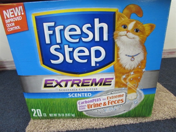 KITTY PLAY & CARE -SCRATCHING POST, UNOPENED BOX OF LITTER & CAT/DOG CARRIER