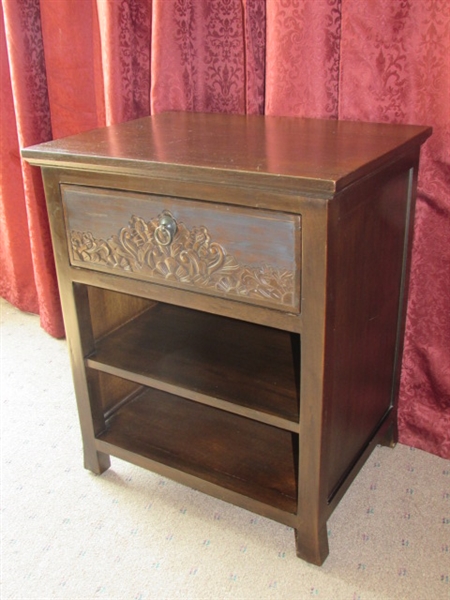 NIGHT STAND WITH CARVED FLORAL DESIGN