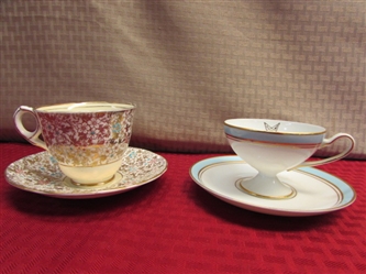 TEA FOR TWO!  TWO LOVELY VINTAGE BONE CHINA TEACUPS WITH SAUCERS 