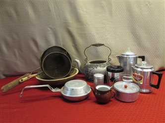 RUSTIC KITCHEN-PRIMITIVE HAND CARVED BOWL, TEA KETTLE, 2 COFFEE PERCOLATORS, 2 LARGE STRAINERS & MORE