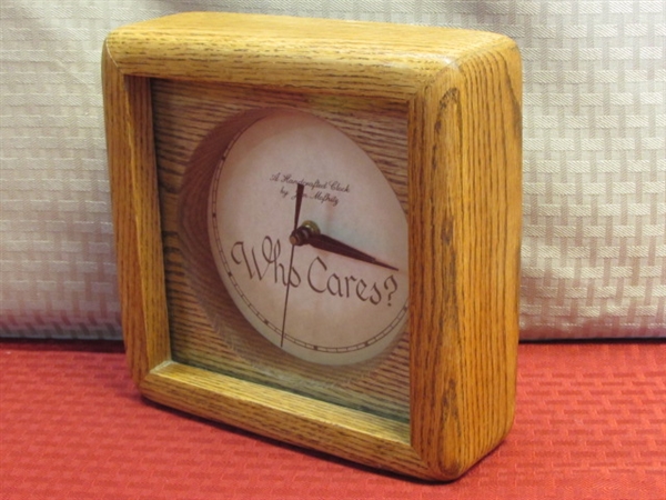 WHAT TIME IS IT?  WHO CARES! ! !  ATTRACTIVE NOVELTY CLOCK WITH SOLID OAK CASE