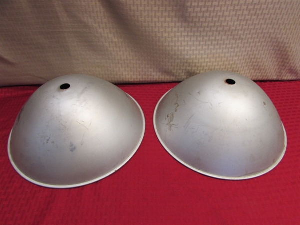 TWO METAL PARABOLIC REFLECTORS FOR PHOTOGRAPHY, THE HEAT LAMP IN THE HEN HOUSE OR YOUR NEXT STEAMPUNK PROJECT