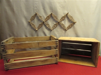 BEAUTIFULLY CARVED COAT RACK & 2 RUSTIC WOODEN CRATES ONE FROM GUNSMOKE CANTALOPES!