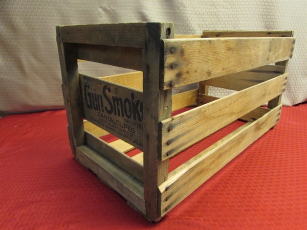 BEAUTIFULLY CARVED COAT RACK & 2 RUSTIC WOODEN CRATES ONE FROM GUNSMOKE CANTALOPES!