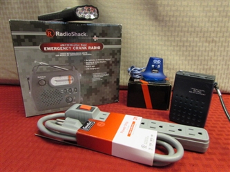 NIB EMERGENCY CRANK RADIO, MINI WEATHER RADIO, FLASHLIGHT, POWER STRIP & USB EXTENDER 
