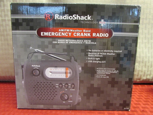 NIB EMERGENCY CRANK RADIO, MINI WEATHER RADIO, FLASHLIGHT, POWER STRIP & USB EXTENDER 