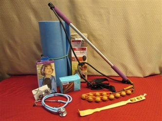 EXERCISE & AFTER - BODY BAR WITH RESISTANCE BANDS, EXERCISE MAT, ULTRA SOFT HEATING PAD, STETHOSCOPE & MORE
