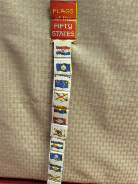 OLD CALIFORNIA LICENSE PLATE &  RARE TIN FLAGS OF THE STATES DISPLAY