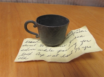 TINY ANTIQUE EMBOSSED PEWTER CUP WITH SISKIYOU PANNING HISTORY