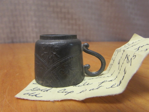 TINY ANTIQUE EMBOSSED PEWTER CUP WITH SISKIYOU PANNING HISTORY
