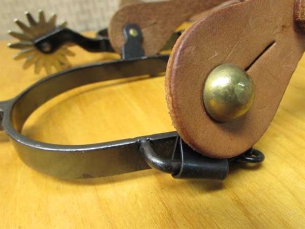 BLACK STEEL SPURS WITH 16 POINT ROWELL AND LEATHER SPUR STRAPS
