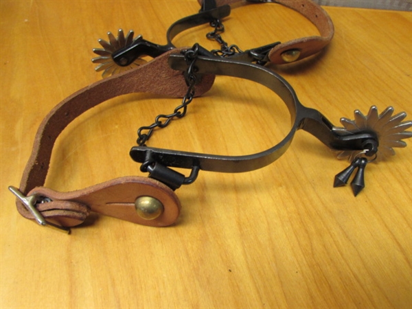 BLACK STEEL SPURS WITH 16 POINT ROWELL AND LEATHER SPUR STRAPS