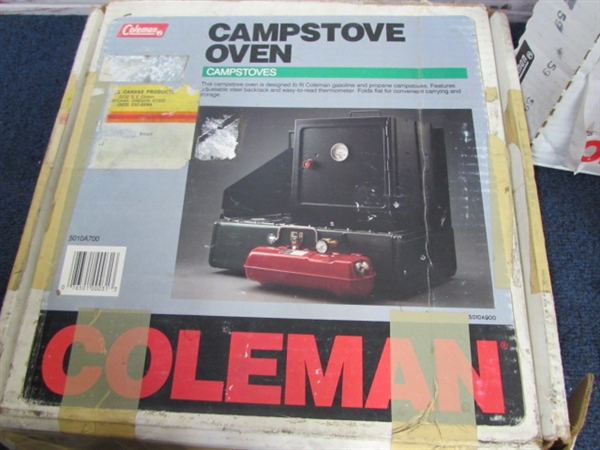 COOK UP A STORM  WHILE CAMPING - COLEMAN 2 BURNER STOVE, OVEN, PROPANE TANK & MORE