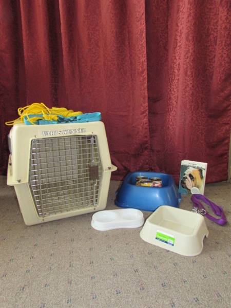 VARI-KENNEL PET CARRIER, THREE FOOD BOWLS, HARNESS WITH  LOTS OF ROPE, COLLAR, LEASH, DOG BOOK & FOOD FOR FIDO 