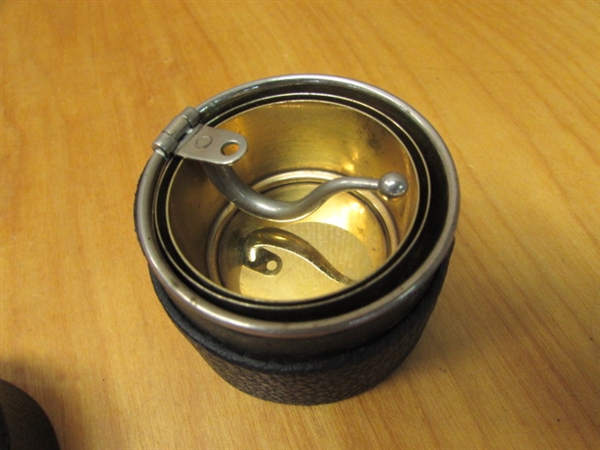 UNIQUE ANTIQUE COLLAPSIBLE TRAVEL CUP WITH HANDLE & LEATHER CASE