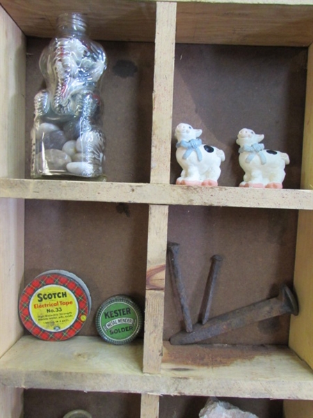 RUSTIC WALL CUBBY WITH LOADS OF FUN THINGS - HORSESHOES, FOSSIL, SILVERPLATE CUP, TINS & MORE