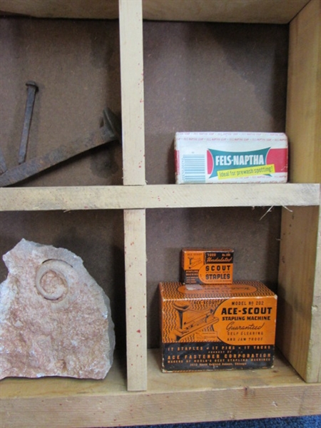 RUSTIC WALL CUBBY WITH LOADS OF FUN THINGS - HORSESHOES, FOSSIL, SILVERPLATE CUP, TINS & MORE