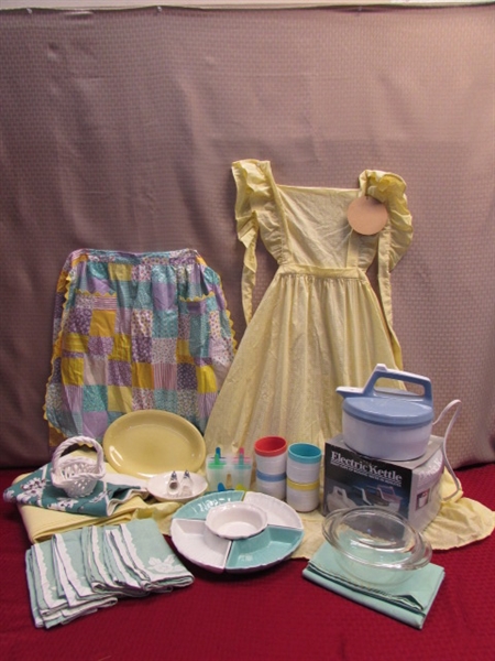 COLORFUL KITCHEN-VNTG NEW LINENS, 5 PIECE CA POTTERY SET, NIB ELECTRIC KETTLE, NEW THERMO MUGS, APRONS, PYREX, S&P SHAKERS & . . . .