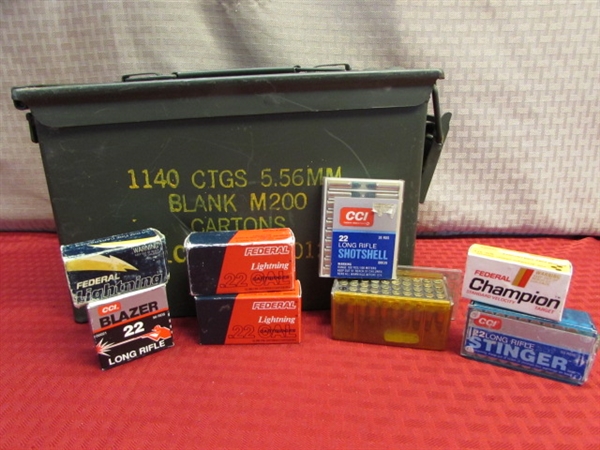 METAL AMMO BOX WITH ALMOST 350 ROUNDS OF 22 LONG RIFLE CARTRIDGES & 20 ROUNDS OF 22 LONG RIFLE BIRD SHOT