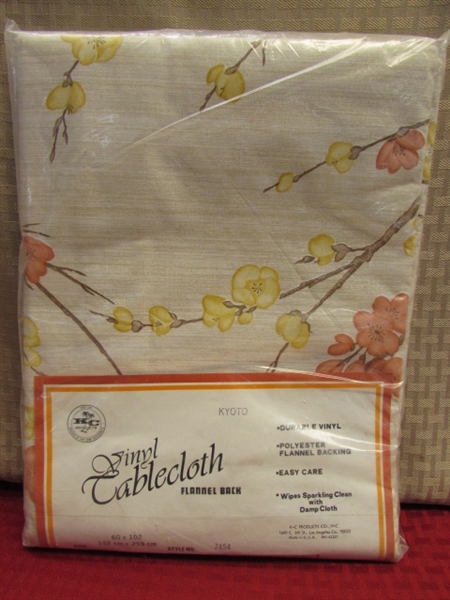 VINTAGE NEW VINYL & CLOTH TABLE CLOTHS FOR YOUR LABOR DAY BBQ PLUS TWO NEW SHEETS