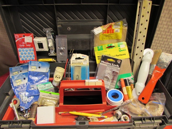 TOOL BOX WITH B&D LASER LEVEL, STAPLE GUN, STAPLES, END & CRESCENT WRENCHES, VNTG WOOD HANDLED SAW & STANLEY STUD FINDER & . . .