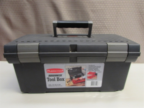 TOOL BOX WITH B&D LASER LEVEL, STAPLE GUN, STAPLES, END & CRESCENT WRENCHES, VNTG WOOD HANDLED SAW & STANLEY STUD FINDER & . . .
