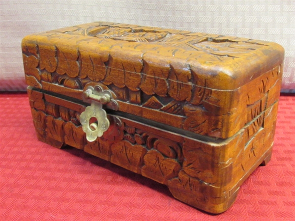 INTRICATELY HAND CARVED VINTAGE BOX WITH BRASS BELL & HANDY RETRACTABLE TOOL WITH SCISSORS, FILE & MORE