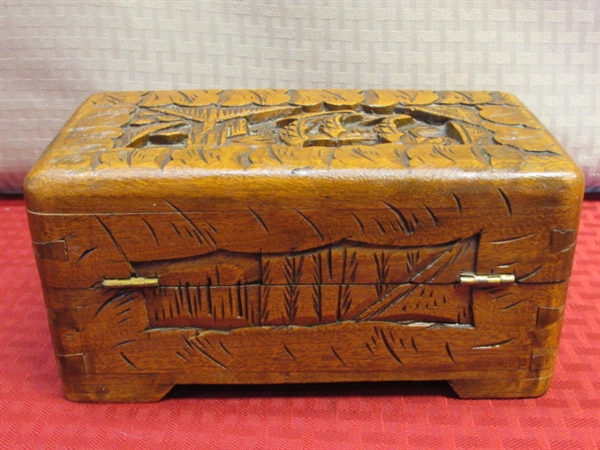INTRICATELY HAND CARVED VINTAGE BOX WITH BRASS BELL & HANDY RETRACTABLE TOOL WITH SCISSORS, FILE & MORE