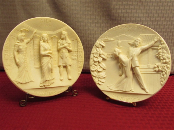 SIX PRETTY VINTAGE IVORY ALABASTER COLLECTIBLE PLATES - GRAND OPERA COLLECTION MADAM BUTTERFLY, CARMEN & MORE