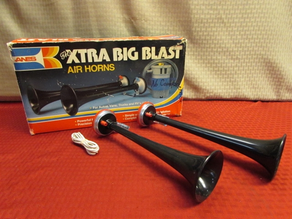 MAKE SOME NOISE!  VINTAGE CHROME SQUEEZE BULB HORN . . .LOUD!  & 2 ANES XTRA BIG BLAST AIR HORNS