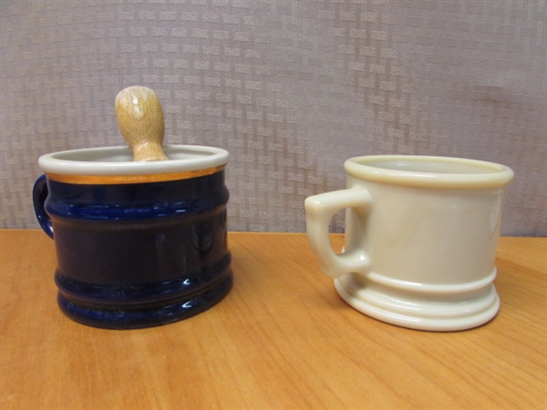 TWO VINTAGE SHAVING MUGS WITH A BRUSH