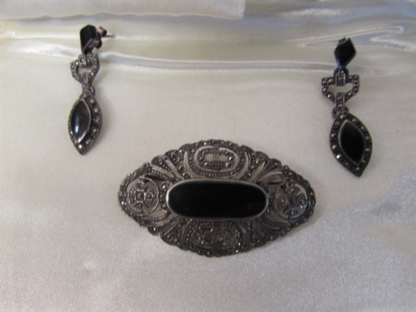 ANTIQUES IN WAITING, STERLING SILVER BROOCH & DANGLE EARRINGSWITH BLACK ONYX & MARCHASITE STONES