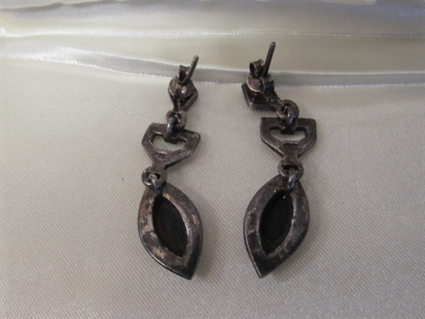 ANTIQUES IN WAITING, STERLING SILVER BROOCH & DANGLE EARRINGSWITH BLACK ONYX & MARCHASITE STONES