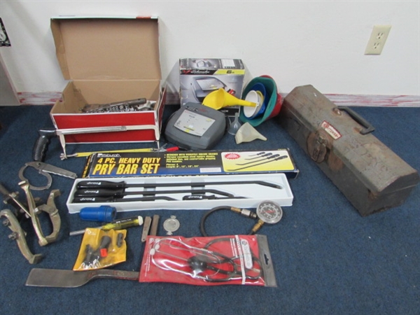 LARGE SELECTION OF AUTOMOTIVE TOOLS & ACCESSORIES INCLUDING A BATTERY CHARGER, SOCKETS, PRY BAR SET & LOTS MORE!