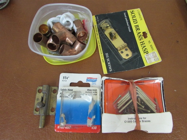 OODLES OF INSIDE THE HOUSE HARDWARE-HANGERS, HOOKS, TAPE. COPPER FITTINGS & TOO MUCH MORE TO LIST