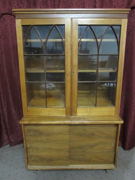 PRETTY ALL WOOD CHINA HUTCH WITH INDIVIDUAL ANTIQUE WINDOW PANES