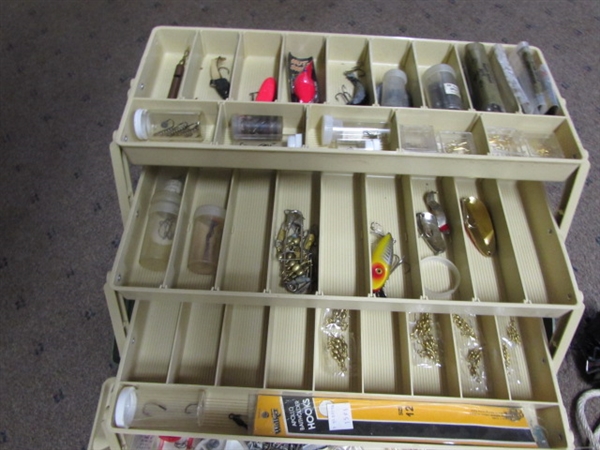 LARGE FULLY LOADED FISHING TACKLE BOX, BOBBERS, LEAD, FISHING POLE & REEL, LURES & MORE