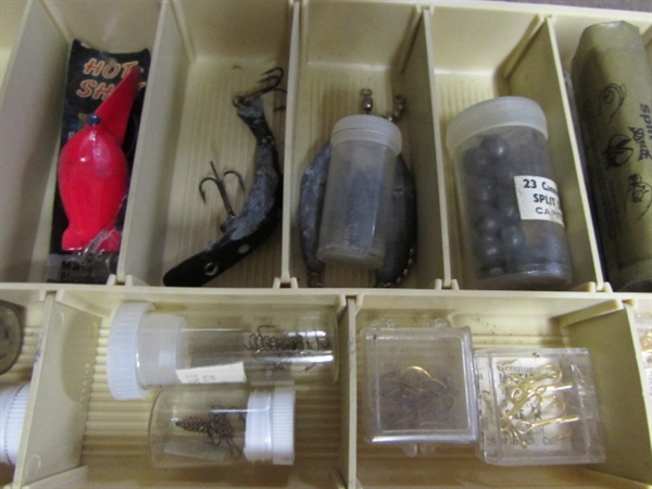 LARGE FULLY LOADED FISHING TACKLE BOX, BOBBERS, LEAD, FISHING POLE & REEL, LURES & MORE